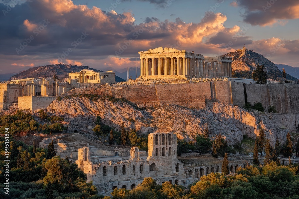 Fototapeta premium Sunset view of the Acropolis with ancient ruins