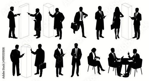 black and white silhouettes of business people interacting with abstract forms