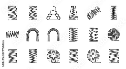 collection of various black and white spring coil icons different shapes and forms