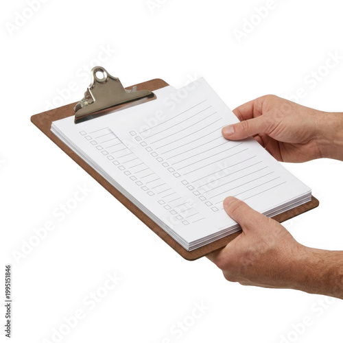 Hands holding a clipboard with a stack of papers. The document shows text and small dots, suggesting a report or survey.