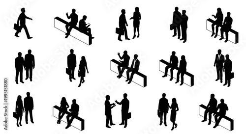 isometric black silhouette people collection business and casual group on white background