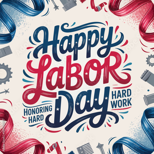 Happy Labor Day Hand Lettered Design with Festive Patriotic Ribbons and Honoring Hard Work Text