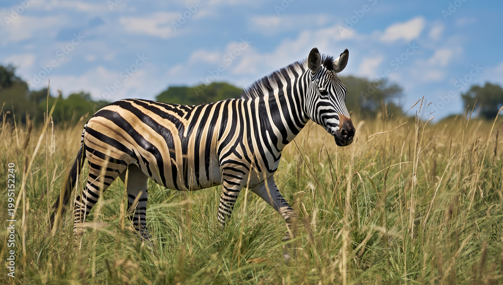 Fototapeta premium Zebra standing in tall grass savanna under blue sky, calm wild equine in natural habitat