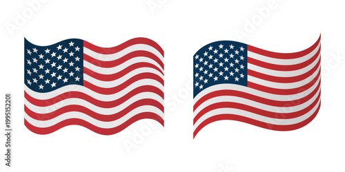 Set of Two Wavy American Flag Illustrations Isolated on White Background for Patriotic US Holidays