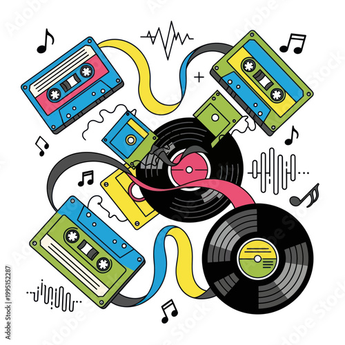 Retro Music Cassette Tapes and Vinyl Records with Sound Waves