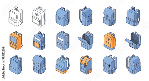 Collection of Isometric Backpacks, School Bags, and Rucksacks in Blue and Orange