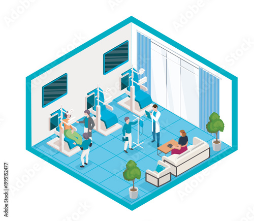 Hospital room showing patients and medical staff in an isometric style on a bright indoor background, concept of healthcare teamwork and treatment. Hand-drawn vector illustration