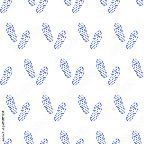 Seamless pattern with flip flops in blue line style on white background. Outline nautical print. 