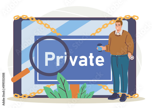 Photos A man stands by a large locked screen showing a private sign in a cartoon style on a light background, expressing digital protection and privacy concepts