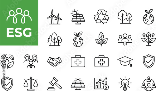A collection of esg icons in line style on for business and finance concepts