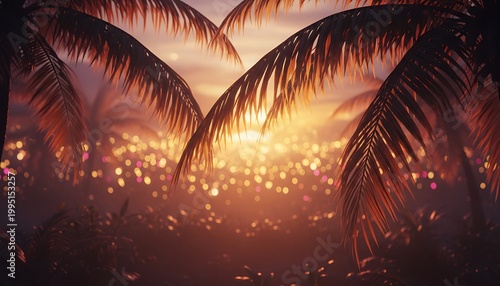 Golden Sunset Over Palm Fronds in Tropical Beach Scene