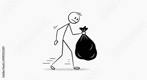 A stick figure carrying a large black garbage bag, walking. It depicts a chore