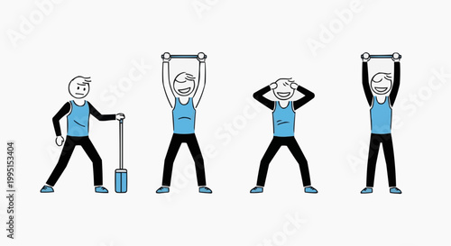 Gym workout illustrations showing a person in different exercise positions. The illustrations are simplified, focusing on the actions and movements of each exercise