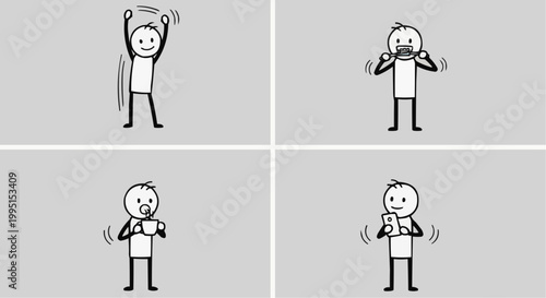 A sequence of simple figures showing daily routines of a person. Starting with morning exercises and ending with cell phone usage, capturing the essence of the day