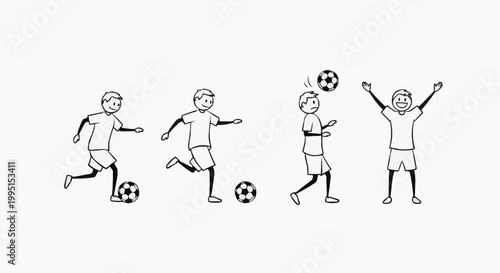 Soccer player illustrations showcasing action and skill. Each frame captures different movements during the soccer game.