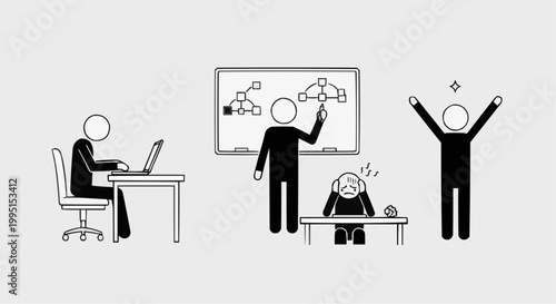 Stick figures in various office scenarios, from working at a desk to presenting a plan, while others are frustrated and ecstatic