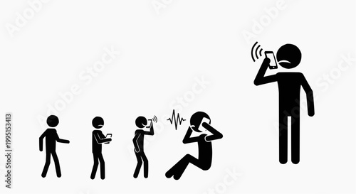 A sequence of stick figures demonstrating the use of a phone, from initial interaction to conversation, highlighting various stages
