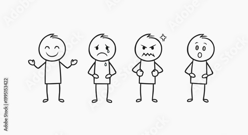 Line art illustrations of people displaying various emotions such as joy, sadness, anger, and surprise