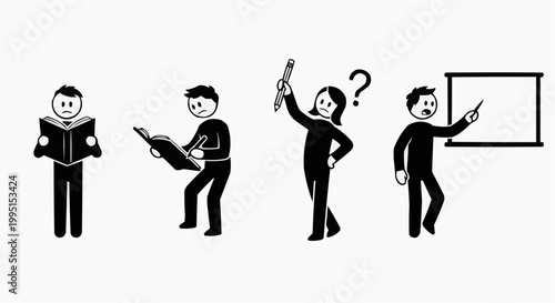 Stick figures depicting educational scenarios, from reading to presenting, reflecting the learning process 