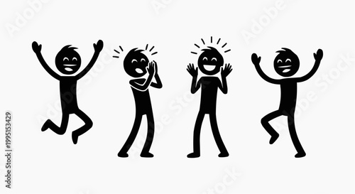 Joyful stick figures expressing excitement and happiness through various gestures