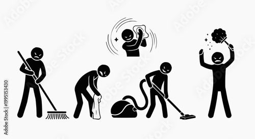 Stick figures doing various cleaning activities, such as sweeping, wiping, vacuuming, and dusting