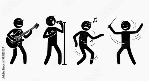 Musical performance of a four-person band in action, with a guitarist, singer, dancer, and conductor