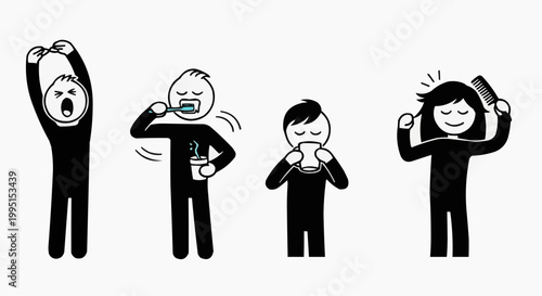 Daily routines shown with people performing daily actions. the image focus on essential routines with expressions on their faces.