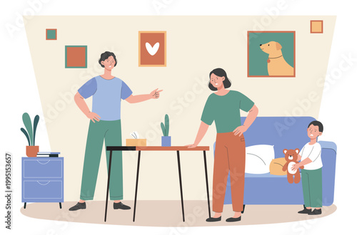Illustration showing a family in a tense discussion with a child nearby, drawn in a flat style, set against a cozy room interior, expressing conflict in home life. Hand-drawn vector illustration