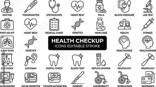 Health checkup icons in line style for medical and healthcare concepts