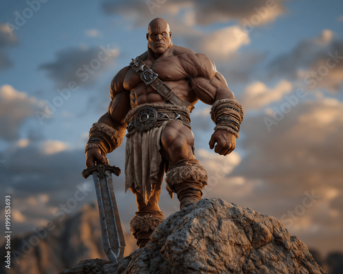  A massive, muscular giant in primitive fur armor leaning on a large sword, standing heroically on a mountain peak