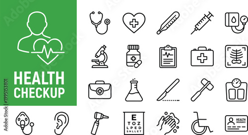 A collection of black line icons related to health checkup and medical services