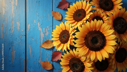 Vibrant Sunflowers Arrangement Against Weathered Blue Wood