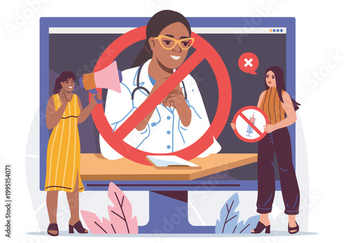 Image shows people opposing a doctor on a screen in a flat style on a light background, presenting a concept of disagreement and public resistance. Hand-drawn vector illustration