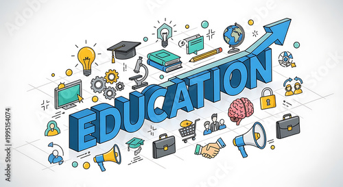 Colorful education and learning concept illustration with books, graduation cap, and creative icons on upward arrow
