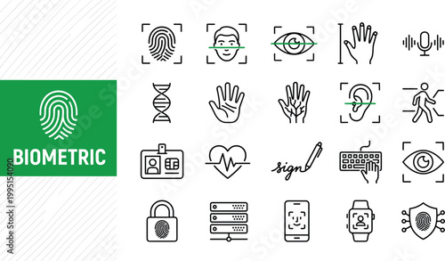 Biometric icons set including fingerprint, eye, hand, and security symbols for identity verification