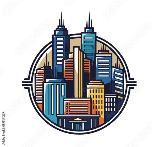 Modern Metropolis Skyscraper Badge Illustration in Bold Outline Style