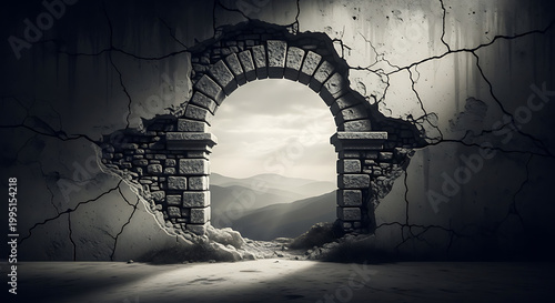 Ancient stone archway leading to misty landscape in dramatic black and white photography