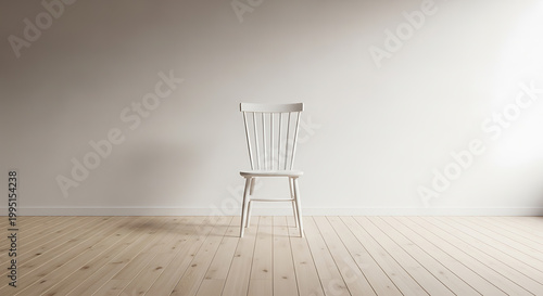 Minimalist white wooden chair in empty room with soft natural light and warm wooden floor