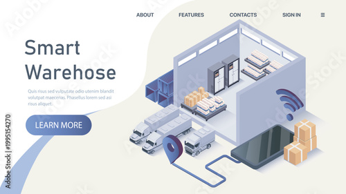 Isometric view of a smart warehouse with trucks, shelves and packages on a light backdrop, illustrating modern logistics and efficient inventory management. Hand-drawn vector illustration