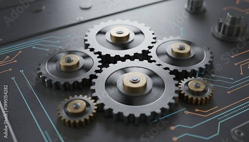 Industrial Metal Gears Interlocking on Circuit Board
