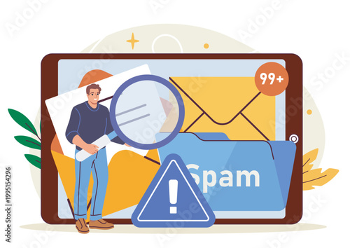 A man inspecting incoming mail with magnifier in a clean flat illustration style on a light backdrop, representing spam detection and security awareness. Hand-drawn vector illustration