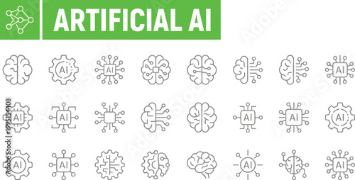 A collection of 20 unique artificial intelligence line art icons featuring brain and robot designs with ai text
