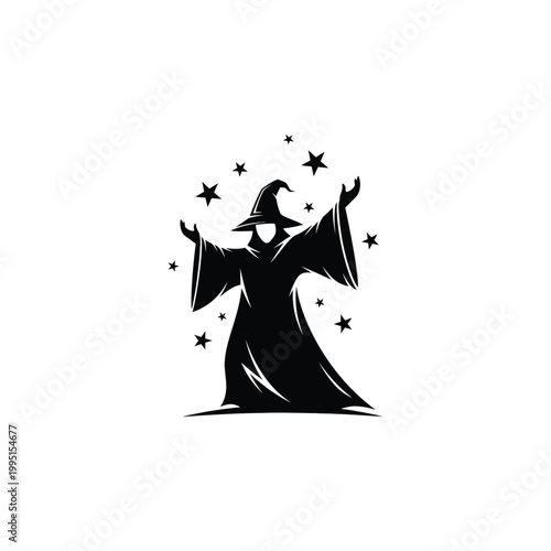 A magical wizard casts spells under starry night sky with mystical powers