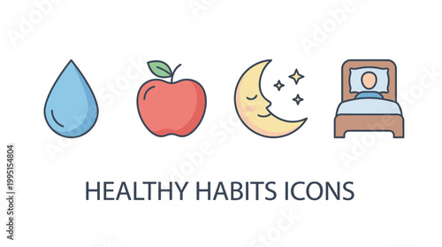 Healthy habits icons: water drop, apple, moon, and person sleeping