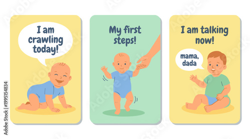 Set of baby milestone cards for crawling, first steps, and talking