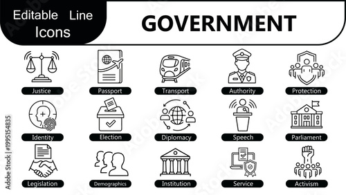 Government editable line icon set. Election vote, law and justice, capitol building, digital Identity, politics, campaigns, democracy, legal services symbols. Vector illustration
