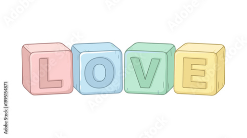 Four pastel alphabet blocks spelling LOVE