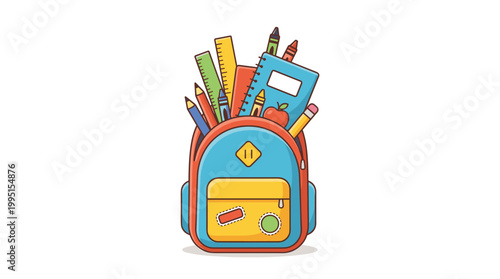Colorful backpack overflowing with school supplies