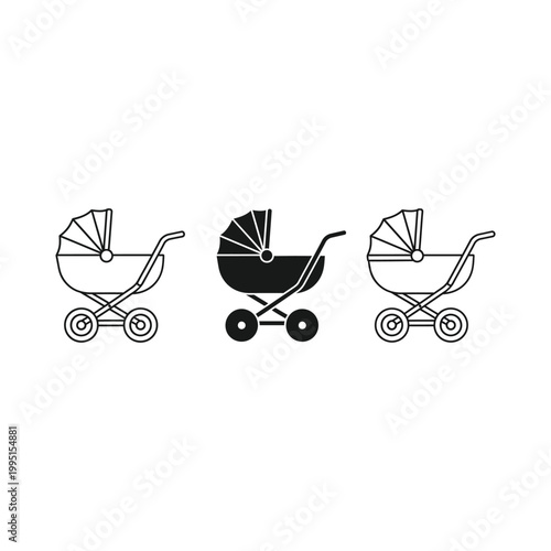 Three strollers are shown in different designs and colors side by side.