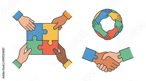 Diverse hands collaborate with puzzle pieces and handshake